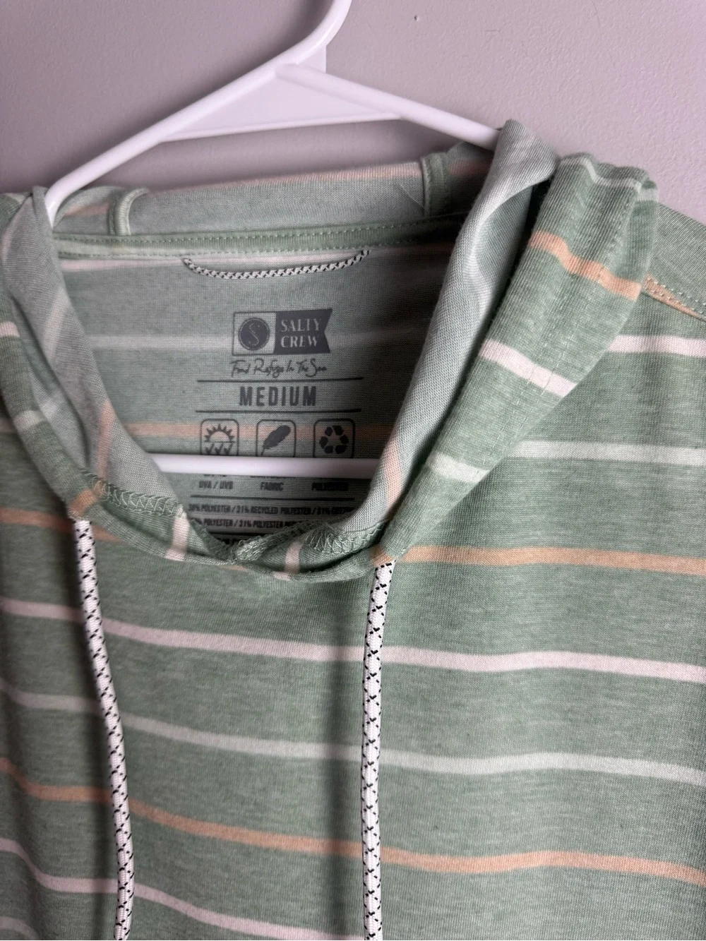 Salty Crew Men’s Green White Striped Hooded Pullover Jacket SZ M 40 UPF Casual